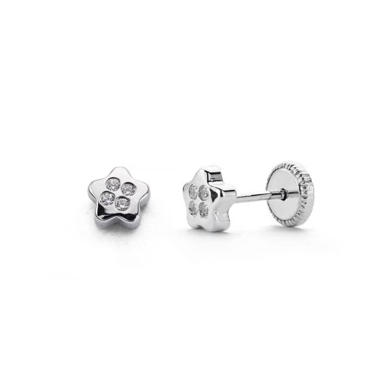 Boucles d'oreilles fille, or blanc 18 carats et zircons, fermois à vis - Etoile
