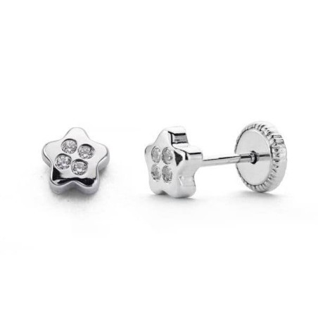 Boucles d'oreilles fille, or blanc 18 carats et zircons, fermois à vis - Etoile