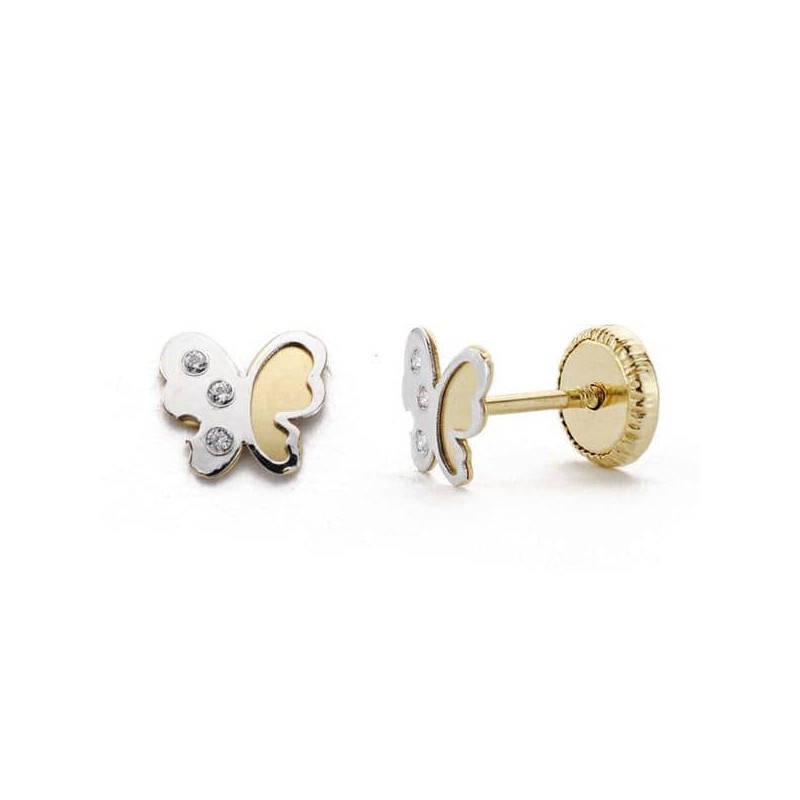 Boucles d'oreilles papillon en or 18 carats bicolore et zircon, fillette