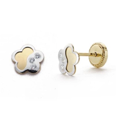 Boucles d'oreilles fleurs en or 750 bicolore et zircon, fille