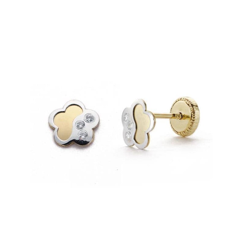 Boucles d'oreilles fleurs en or 750 bicolore et zircon, fille
