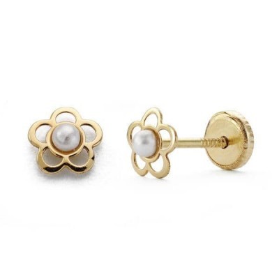 Boucles d'oreilles fleur en or et perle naturelle pour fille, fermoir vis