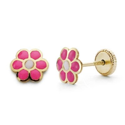 Boucles d'oreilles bébé or 18k, Marguerite en émail rose