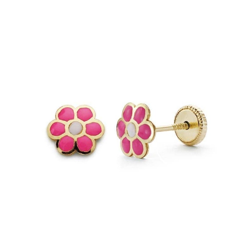 Boucles d'oreilles bébé or 18k, Marguerite en émail rose