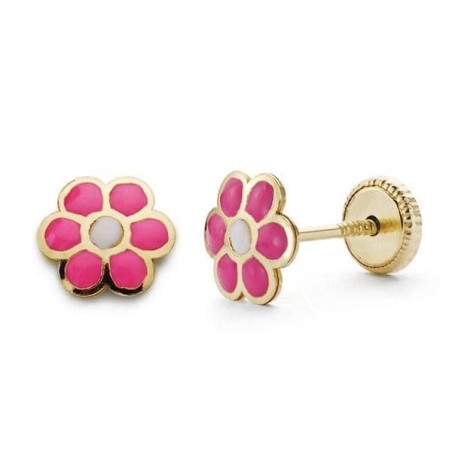 Boucles d'oreilles bébé or 18k, Marguerite en émail rose