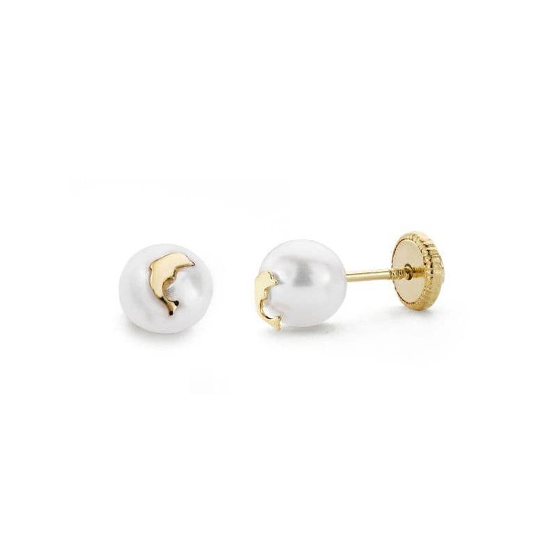 Boucles d'oreilles fille originales, or 18k et perle, fermoir vis - Dauphin