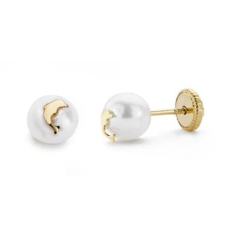 Boucles d'oreilles fille originales, or 18k et perle, fermoir vis - Dauphin