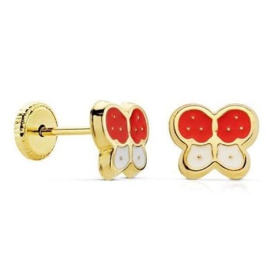 Boucles d'oreilles fille en or 18k - Papillons en émail bicolore blanc et rouge