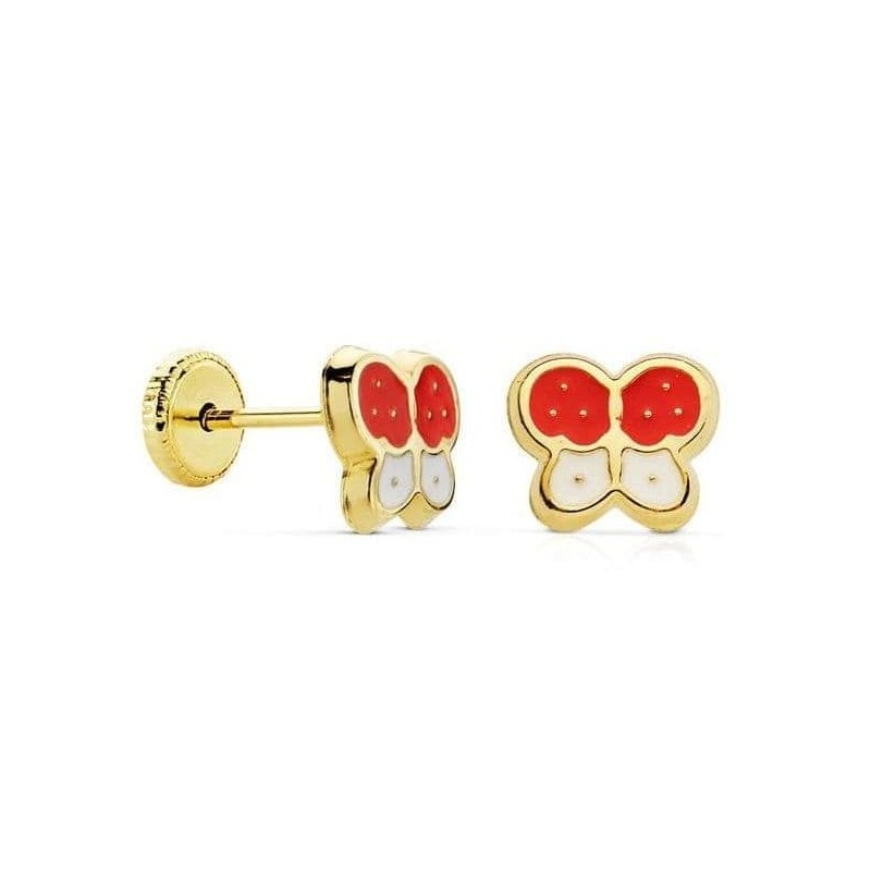 Boucles d'oreilles fille en or 18k - Papillons en émail bicolore blanc et rouge