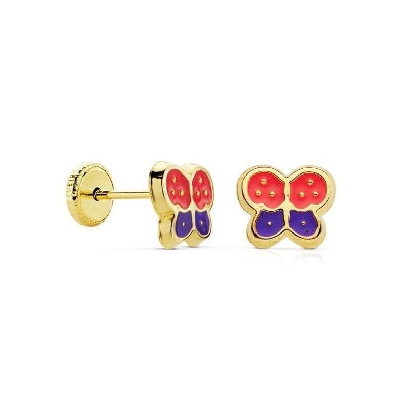 Boucles d'oreilles fille en or 18k - Papillons en émail bicolore rouge et violet