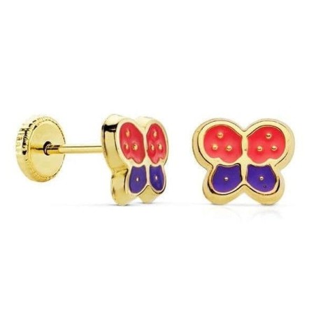 Boucles d'oreilles fille en or 18k - Papillons en émail bicolore rouge et violet
