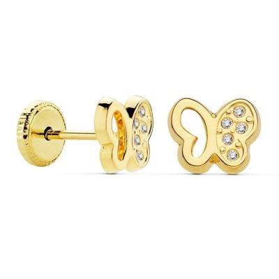 Boucles d'oreilles or 18 carats bébé, papillon doré et zircon