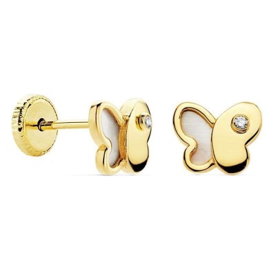 Boucles d'oreilles, nacre et or 18 carats pour fille, fermoir à vis - Papillon