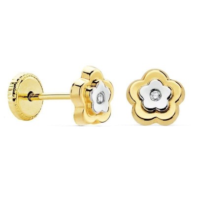 Boucles d'oreilles or bicolore 18 carats, bébé et fille - Fleur