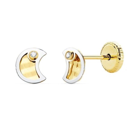 Boucles d'oreilles or bicolore 18 carats et zircon, bébé et fille - Lune