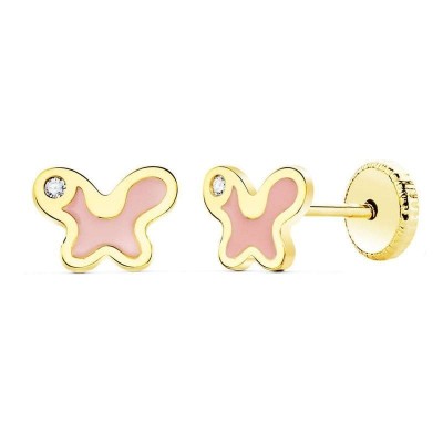 Boucles d'oreilles papillon or 18 carats et émail rose, bébé et fille