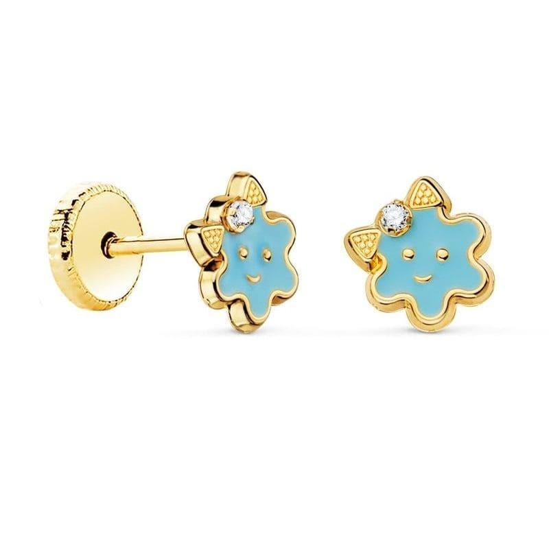 Boucles d'oreilles enfant en or massif et émail, fermoir à vis - Fleur Bleue