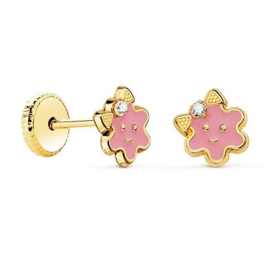 Boucles d'oreilles enfant en or massif et émail, fermoir à vis - Fleur rose