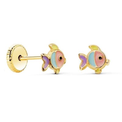 Boucles d'oreilles poisson multicolore en or jaune 18k et émail