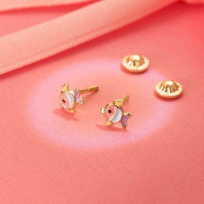 Boucles d'oreilles poisson multicolore en or jaune 18k et émail, fermoir à vis