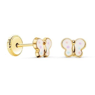Boucles d'oreilles bébé, papillon multicolore en or jaune 18k et émail, fermoir à vis