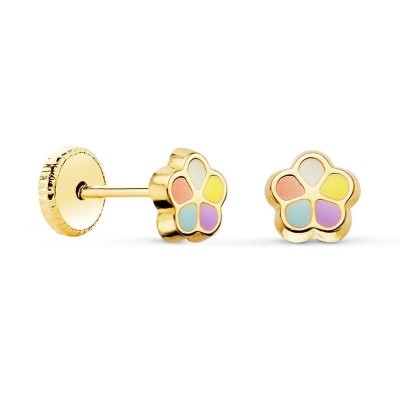 Boucles d'oreilles fille, fleur multicolore en or jaune 18k et émail, fermoir à vis