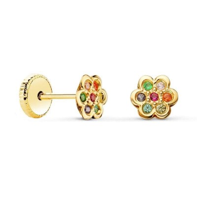 Boucles d'oreilles fillette or et zircon multicolore, fermoir vis - Fleur