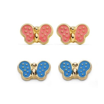 Boucles d'oreilles papillon pour fille, or 18 carats, émail bleu ou rose