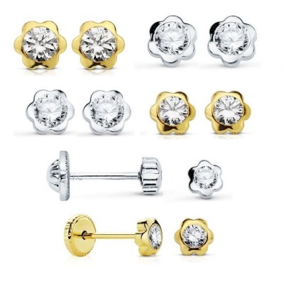 Boucles d'oreilles fillette en or 750 et zircon, fermoir à vis - Fleur