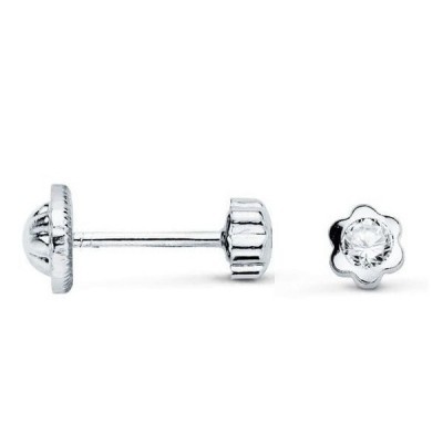 Boucles d'oreilles fillette en or blanc et zircon 4 mm, fermoir à vis - Fleur