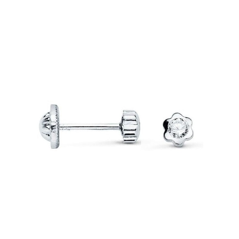 Boucles d'oreilles fillette en or blanc et zircon 4 mm, fermoir à vis - Fleur