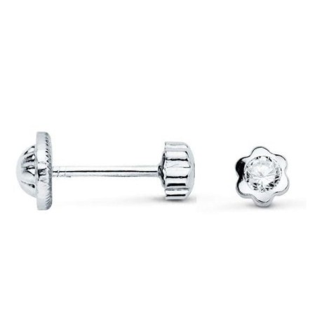 Boucles d'oreilles fillette en or blanc et zircon 4 mm, fermoir à vis - Fleur