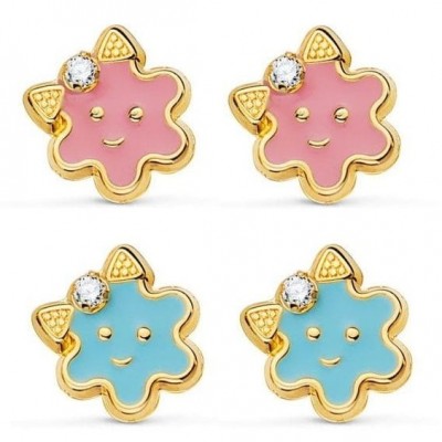 Boucles d'oreilles enfant en or massif et émail, fermoir à vis - Fleur rose / Bleue