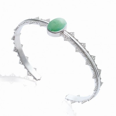 Bracelet jonc en argent rhodié et aventurine verte pour femme - Ydali - Lyn&Or Bijoux