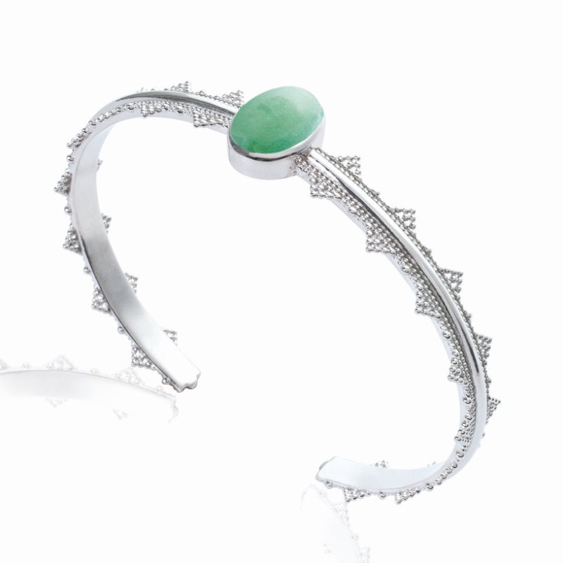 Bracelet jonc en argent rhodié et aventurine verte pour femme - Ydali - Lyn&Or Bijoux