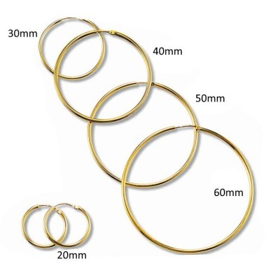 Créoles or 750 pour femme, fil 2mm, diamètre 20/30/40/50/60 mm