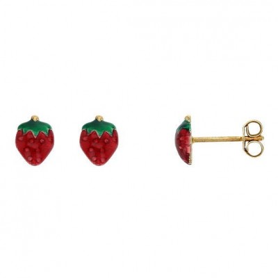 Boucles d'oreilles puce pour fillette en or massif et émail - Fraise