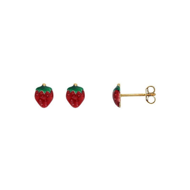 Boucles d'oreilles puce pour fillette en or massif et émail - Fraise