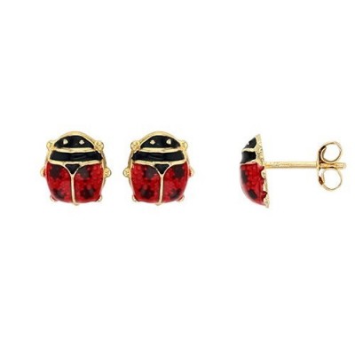Boucles d'oreilles puces enfant en or 18 carats, Coccinelle émaillées
