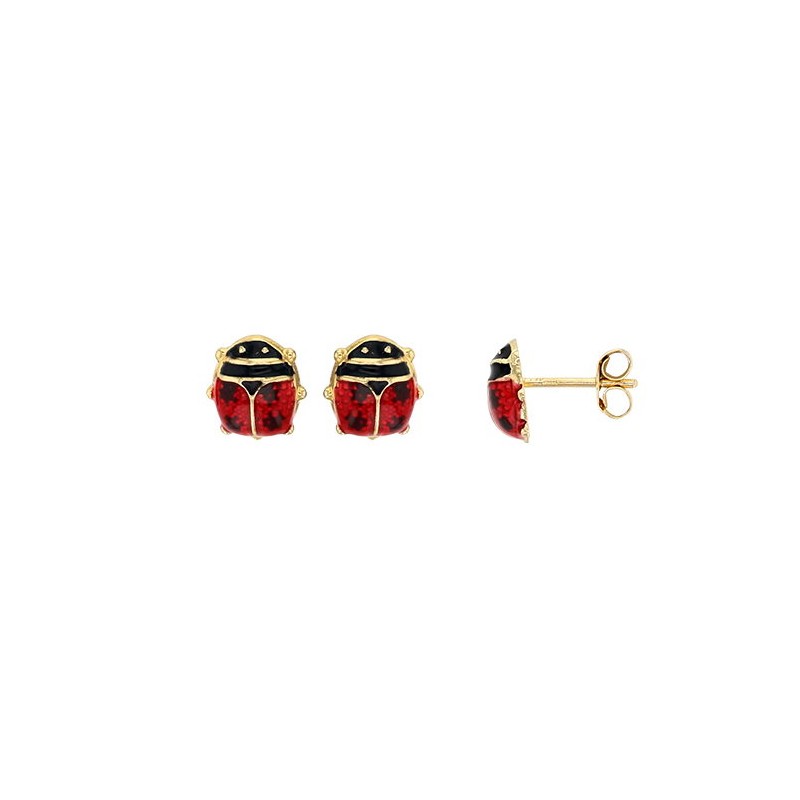 Boucles d'oreilles puces enfant en or 18 carats, Coccinelle émaillées