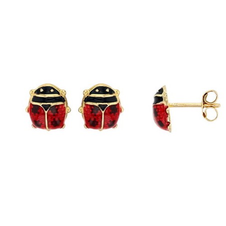 Boucles d'oreilles puces enfant en or 18 carats, Coccinelle émaillées