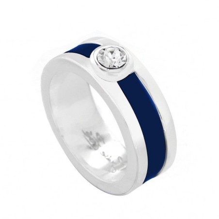 Bague créateur originale: Plaqué argent, cuir bleu & Swarovski - Chanko