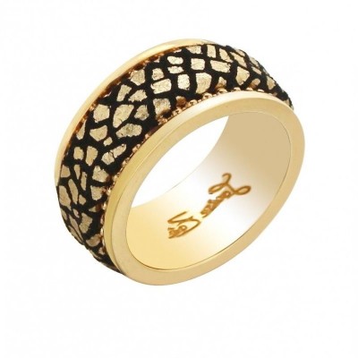 Bague créatrice, plaqué or jaune et cuir craquelé assorti, par Zoé Bijoux - Nina