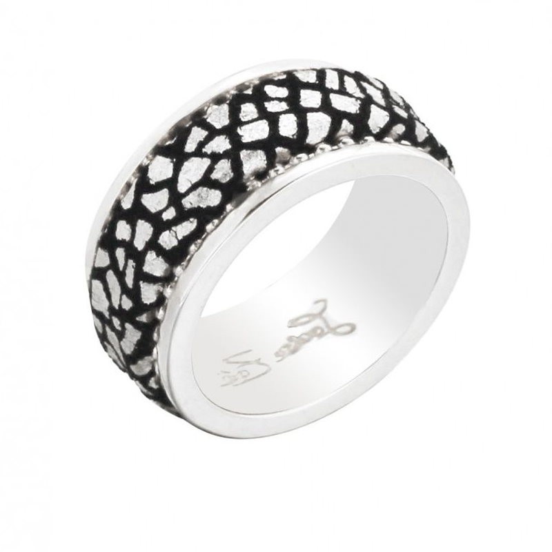 Bague créatrice, plaqué argent 925 et cuir craquelé assorti, par Zoé Bijoux - Nina