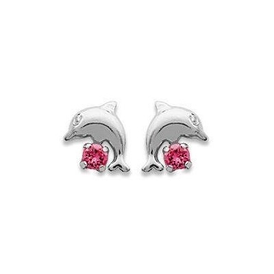 Boucles d'oreilles dauphin / pierre rose, argent 925