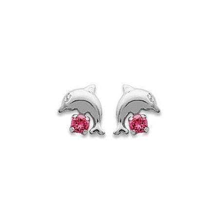 Boucles d'oreilles dauphin / pierre rose, argent 925