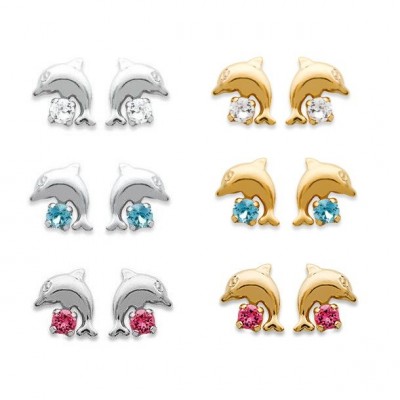 Boucles d'oreilles dauphin / pierre brillante, plaqué or ou argent