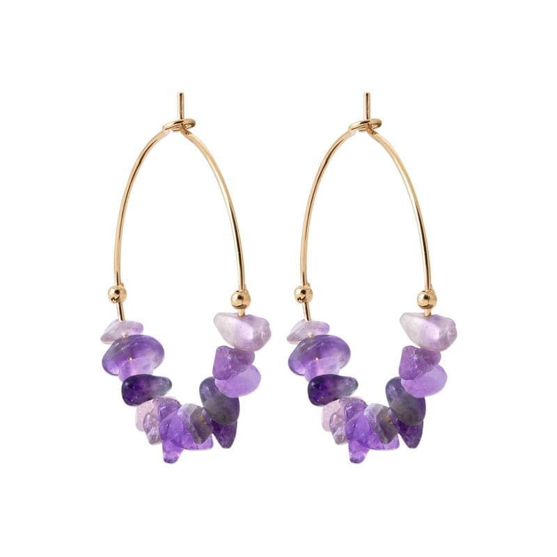 Créoles pierres naturelles améthyste violet en plaqué or 25mm, femme
