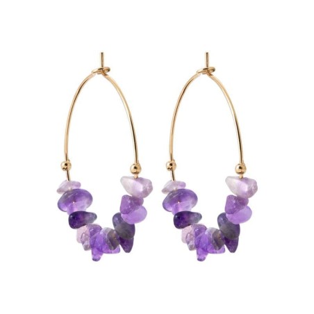 Créoles pierres naturelles améthyste violet en plaqué or 25mm, femme