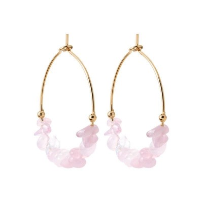 Créoles pierres naturelles quartz rose en plaqué or 30mm, femme